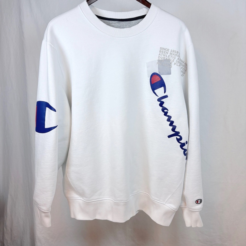 Champion Mens White Graphic Crewneck Super Fleece Sweatshirt 2XL Logo Pullover